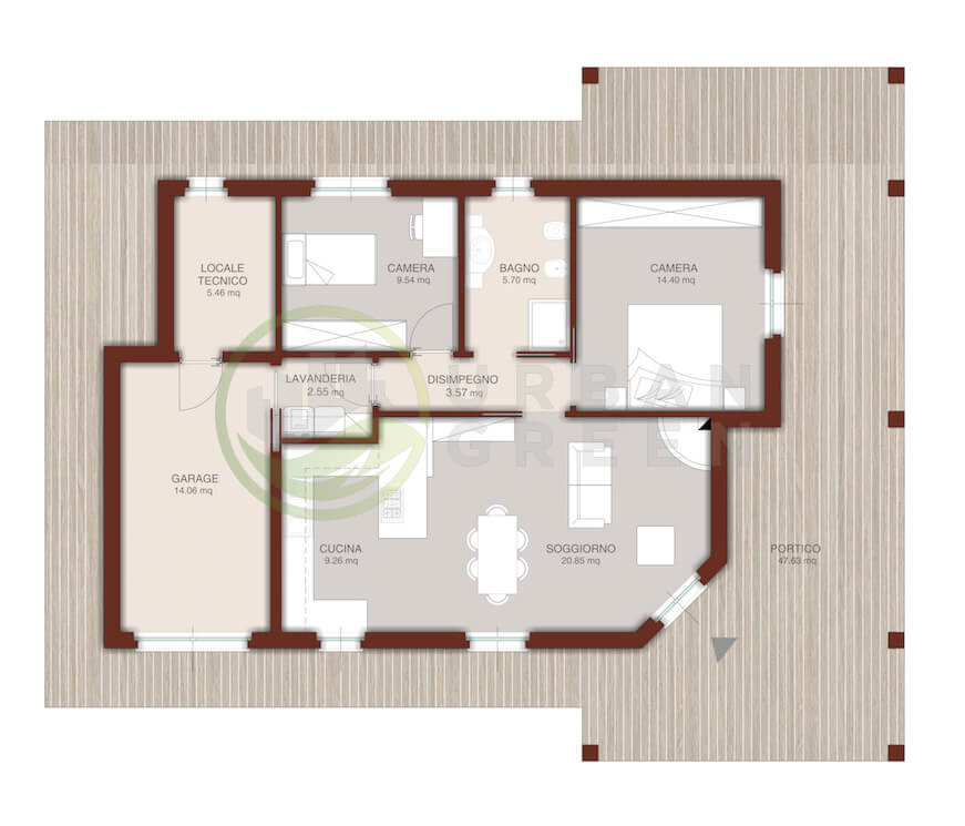Casa in legno monopiano urb24 urban green Planimetria casa 120 mq